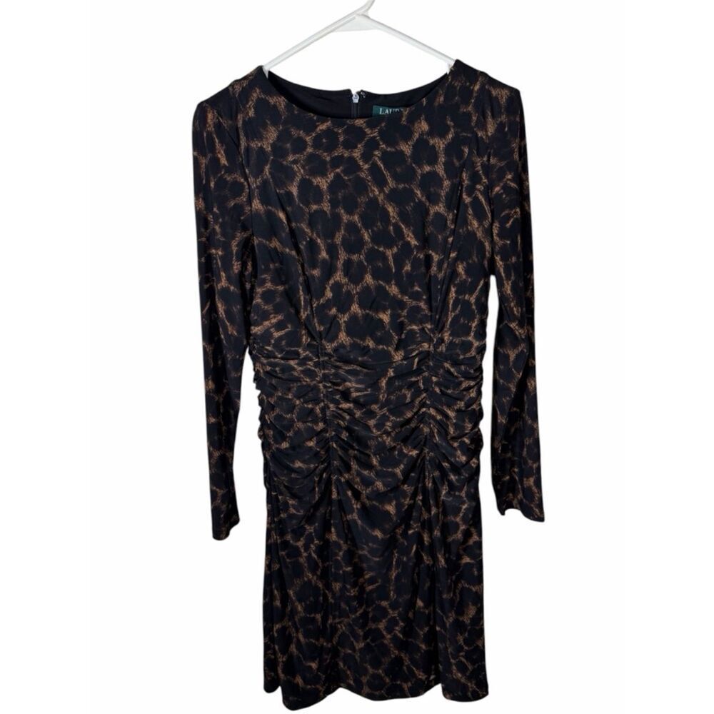 Lauren Ralph Lauren Midi Dress Women Size 10 Animal Print Ruched Stretch Lined